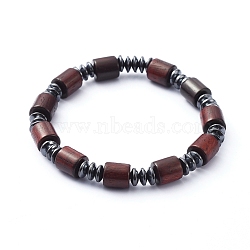 Stretch Bracelets, with Column Natural Wood Beads and Non-Magnetic Synthetic Hematite Beads, Saddle Brown, Inner Diameter: 2 inch(5cm)(BJEW-JB05223)