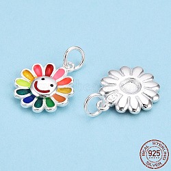 925 Sterling Silver Enamel Charms, with Jump Ring, Flower with Smile, Colorful, 14.5x12x2mm, Hole: 3mm(STER-T004-07S)