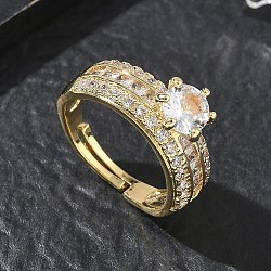 Adjustable Brass Finger Rings with Round Cubic Zirconia Center & Baguette Accents for Women, Long-Lasting Plated, Golden, Round: 8x6mm, Inner Diameter: 17mm(CU-CBA7E55-16G)