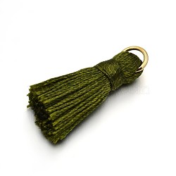 Nylon Tassel Pendant Decorations, with Golden Tone Iron Findings, Dark Olive Green, 27~30x15mm, Jump Ring: 4mm, Hole: 4x2mm(X-FIND-D015-19G)