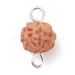 Undyed Natural Rudraksha Connector Links, with Platinum Tone Iron Finding, Round, Saddle Brown, 14~15x7.5~8mm, Hole: 1.5~2mm(PALLOY-JF01584)