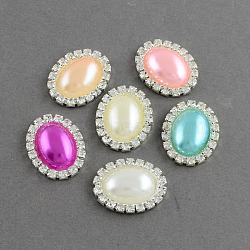 Oval Brass ABS Plastic Imitation Pearl Shank Buttons, with Grade A Crystal Rhinestones, 1-Hole, Silver Color Plated Metal Color, Mixed Color, 25x20x6mm, Hole: 1mm(RB-S020-08-M4)