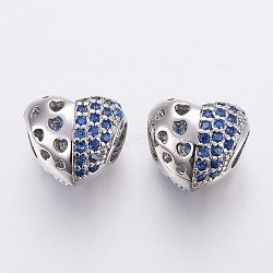 Brass Micro Pave Cubic Zirconia European Beads, Large Hole Beads, Hollow, Heart, Blue, Platinum, 10.5x11.5x9mm, Hole: 4.5mm(X-OPDL-P001-13)