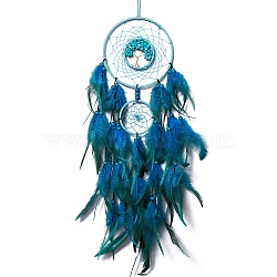 Iron & Synthetic Turquoise Chips Pendant Hanging Decoration, Woven Net/Web with Feather Wall Hanging Wall Decor, 730mm(PW-WG35869-02)