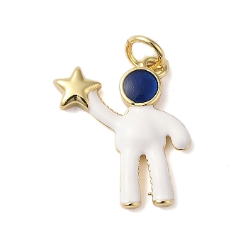 Rack Plating Brass Enamel Pendants, with Jump Ring, Cadmium Free & Lead Free, Real 18K Gold Plated, Spaceman Charm, White, 18.5x16x2.4mm, Hole: 3.4mm