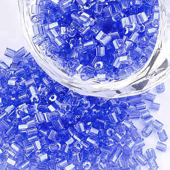 Grade A Glass Seed Beads, Hexagon(Two Cut), Transparent Colours Lustered, Royal Blue, 1.5~2.5x1.5~2mm, Hole: 0.8mm, about 2100pcs/bag, 450g/bag