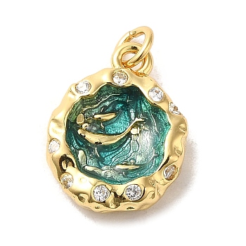 Brass Cubic Zirconia Pendants, with Enamel with Jump Ring, Flat Round, Real 14K Gold Plated, 14x11x3mm, Hole: 3.5mm