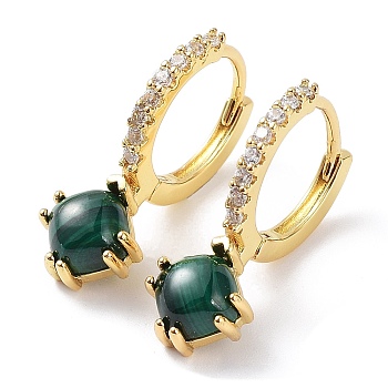 Rhombus Natural Malachite Dangle Hoop Earrings with Cubic Zirconia, Rack Plating Brass Earrings for Women, Cadmium Free & Lead Free, Real 18K Gold Plated, 22x8mm