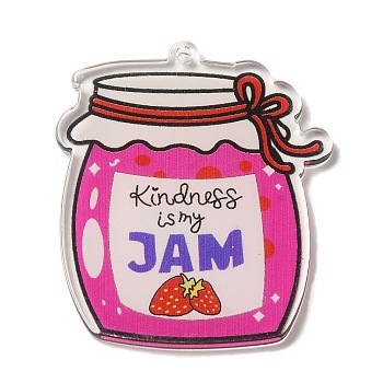 Transparent Acrylic Pendants, Jam Jar Charm, Deep Pink, 49x41.5x2.5mm, Hole: 2mm