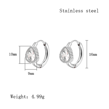Cubic Zirconia Hoop Earrings, 304 Stainless Steel Earrings, Teardrop, 16x9mm.