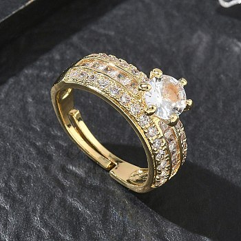 Adjustable Brass Finger Rings with Round Cubic Zirconia Center & Baguette Accents for Women, Long-Lasting Plated, Golden, Round: 8x6mm, Inner Diameter: 17mm