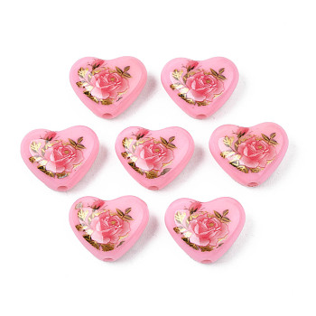 Flower Printed Opaque Acrylic Heart Beads, Pink, 16x19x8mm, Hole: 2mm
