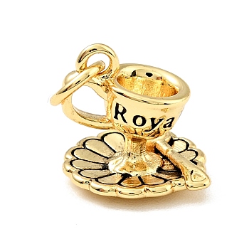 Brass Enamel Charms, Cadmium Free & Lead Free, with Jump Rings, Coffee Cup with Word Roya, Long-Lasting Plated, Real 18K Gold Plated, 11.5x11x11mm, Jump Ring: 5x0.7mm, 3.5mm inner diameter