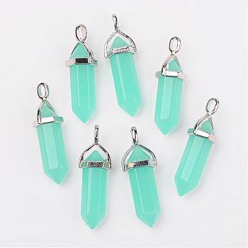 Bullet Imitation Jade Glass Pointed Pendants, with Alloy Findings, Aquamarine, 39x12mm, Hole: 3x4mm