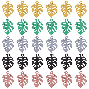 BENECREAT 30Pcs 5 Colors Spray Painted Alloy Pendants, Banana Leaf, Mixed Color, 35x24x1mm, Hole: 3mm, 6pcs/color