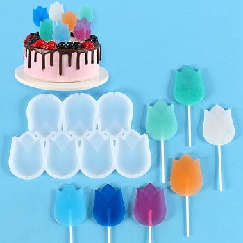 Tulip Shape Food Grade Silicone Lollipop Molds, Fondant Molds, for DIY Edible Cake Topper, Chocolate, Candy, UV Resin & Epoxy Resin Jewelry Making, White, 116x195x6.5mm, Inner Diameter: 58x45mm, Fit for 2mm Stick