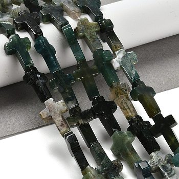 Natural Moss Agate Beads Strands, Cross, 20.5x12.5x4.5mm, Hole: 1mm, about 19pcs/strand, 15.55''(39.5cm)