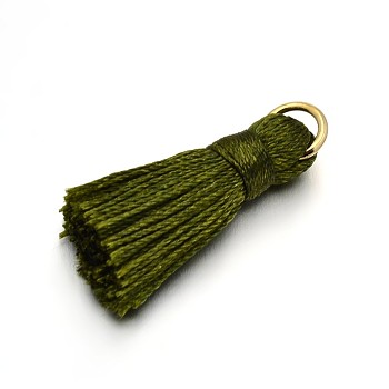 Nylon Tassel Pendant Decorations, with Golden Tone Iron Findings, Dark Olive Green, 27~30x15mm, Jump Ring: 4mm, Hole: 4x2mm
