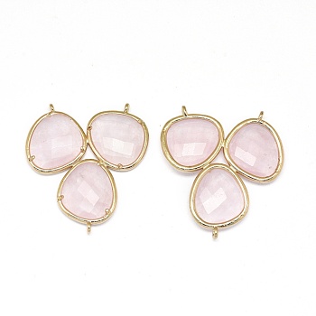 Natural Rose Quartz Chandelier Component Links, 3 Loop Connectors, with Brass Findings, Faceted, Golden, 38~38.5x35x4mm, Hole: 1.2mm