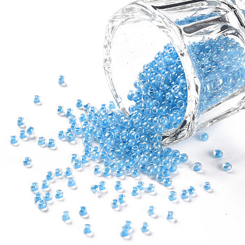 11/0 Grade A Round Glass Seed Beads, Transparent Inside Colours, Luster Plated, Deep Sky Blue, 2.3x1.5mm, Hole: 1mm, about 48500pcs/pound