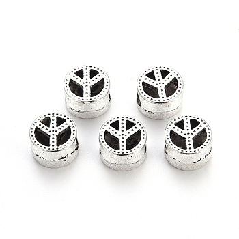 Tibetan Style Alloy European Beads, Large Hole Beads, Cadmium Free & Lead Free, Flat Round with Peace Sign, Antique Silver, 11x7mm, Hole: 5mm, about 460pcs/1000g