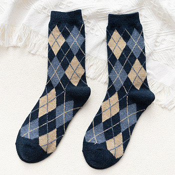 Wool Knitting Socks, Rhombus Pattern Crew Socks, Winter Warm Thermal Socks, Prussian Blue, 10mm
