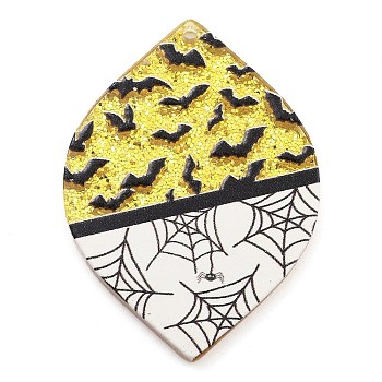 Halloween Printed Acrylic Pendants, with Glitter Powder, Bat, 42x30x2.5mm, Hole: 1.5mm