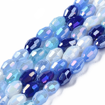 Electroplate Glass Beads Strands, AB Color Plated, Faceted, Rice, Royal Blue, 4.5x3mm, Hole: 0.7mm, about 96~100pcs/Strand, 15.75 inch~17.32 inch(40~44cm)