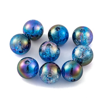 UV Plating Rainbow Iridescent Acrylic Crackl Beads, Round, Blue, 12mm, Hole: 2.2mm