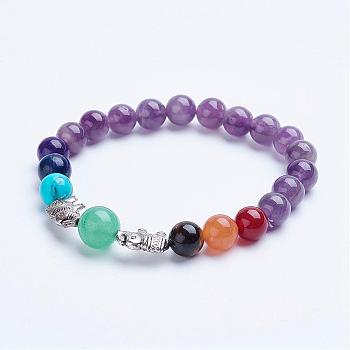 Natural Amethyst Beaded Stretch Bracelets, with Alloy Spacer Beads, Elephant, Antique Silver, 1-7/8 inch(47mm)