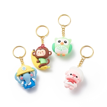 Cartoon Animal Keychain, Owl & Pig & Monkey & Elephant PVC Plastic Pendant Keychain, with Iron Findings, Mixed Color, 9.2~9.7cm, 4pcs/set