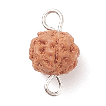 Undyed Natural Rudraksha Connector Links, with Platinum Tone Iron Finding, Round, Saddle Brown, 14~15x7.5~8mm, Hole: 1.5~2mm