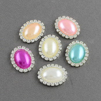 Oval Brass ABS Plastic Imitation Pearl Shank Buttons, with Grade A Crystal Rhinestones, 1-Hole, Silver Color Plated Metal Color, Mixed Color, 25x20x6mm, Hole: 1mm