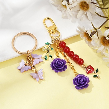 2 Styles Butterfly & Rose Synthetic Coral & Alloy Acrylic/Enamel Pendant Decorations, with Glass Pearl Beads and Iron Rolo Chain, with Iron Split Key Rings, Indigo, 68~108mm