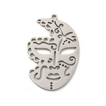 304 Stainless Steel Pendants, Laser Cut, Mask Charm, Stainless Steel Color, 35x22.5x1mm, Hole: 1.6mm