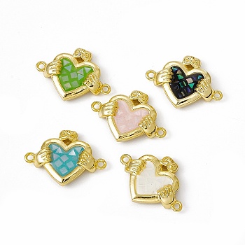 Natural Shell Connector Charms, Heart Links with Hands, Dyed, with Rack Plating Golden Tone Brass Findings, Long-Lasting Plated, Mixed Color, 16x21.5x4.5mm, Hole: 1.4mm