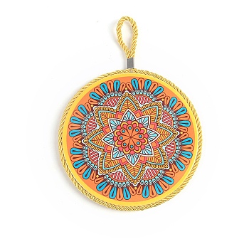 Porcelain Cup Mats, Flat Round Shape Mandala Pattern Coaster, with Hanging Rope, Gold, 250x170x8mm