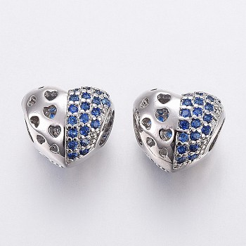 Brass Micro Pave Cubic Zirconia European Beads, Large Hole Beads, Hollow, Heart, Blue, Platinum, 10.5x11.5x9mm, Hole: 4.5mm