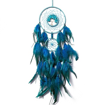 Iron & Synthetic Turquoise Chips Pendant Hanging Decoration, Woven Net/Web with Feather Wall Hanging Wall Decor, 730mm