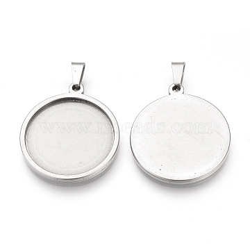 304 Stainless Steel Pendant Cabochon Settings, Flat Round, Stainless Steel Color, Tray: 25mm, 32x28x2mm, Hole: 4mm(X-STAS-S073-04P)