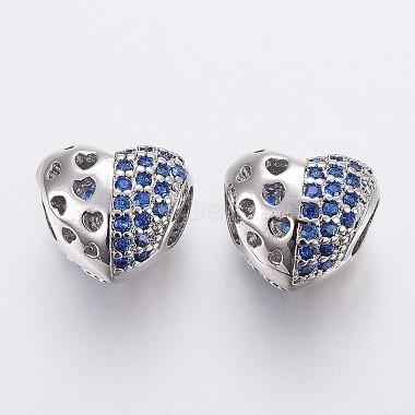 Blue Heart Brass+Cubic Zirconia European Beads