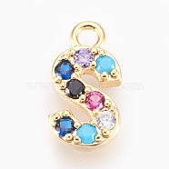 Brass Micro Pave Cubic Zirconia Charms, Letter, Golden, Letter.S, 13~14x7~10x2~2.5mm, Hole: 1.5~1.8mm(ZIRC-F089-01G-S)