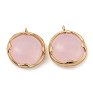 Brass with Pink Glass Pendants, Flat Round Charms, Long-Lasting Plated, Golden, 13.5x12x5mm, Hole: 5mm(KK-G486-08G)