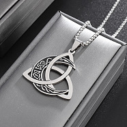 Viking Triskelion Knot Moon Stainless Steel Pendant Necklaces for Men, Stainless Steel Color, 23.62 inch(60cm)(FS-WG9ED82-01)