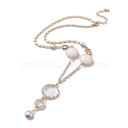Glass Flat Round Lariat Necklace with Brass Chains, Light Gold, 15.67 inch(398mm)(NJEW-A015-16KCG)