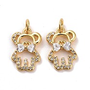 Brass Micro Pave Cubic Zirconia Pendants, Real 18K Gold Plated, Lead Free & Cadmium Free, Bear with Tie, Clear, 16x10.5x3mm, Hole: 3mm(KK-K258-03G-RS)