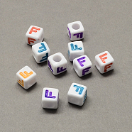 Large Hole Colorful Acrylic Letter European Beads, Horizontal Hole, Cube with Letter.F, 7x7x7mm, Hole: 4mm, about 1144pcs/500g(SACR-Q104-02F)