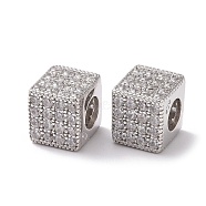 925 Sterling Silver Beads, with Cubic Zirconia, Real Platinum Plated, Cube, Clear, 7x7.5x7.5mm, Hole: 3.8mm(STER-Z005-14A-02)