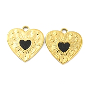 PVD Vacuum Plating 304 Stainless Steel Pendants, Natural Black Onyx(Dyed & Heated) Heart Charms, Real 18K Gold Plated, 17.5x17x2mm, Hole: 2.2mm(STAS-L278-116G)