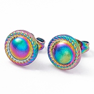 Ion Plating(IP) 304 Stainless Steel Flat Round Stud Earrings for Women, Rainbow Color, 10mm, Pin: 0.6mm(EJEW-G338-03M)